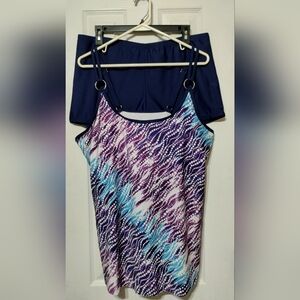 3XL Tankini Swim Set - Purple&Blue Tie Dye Abstract Top and Blue Shorts